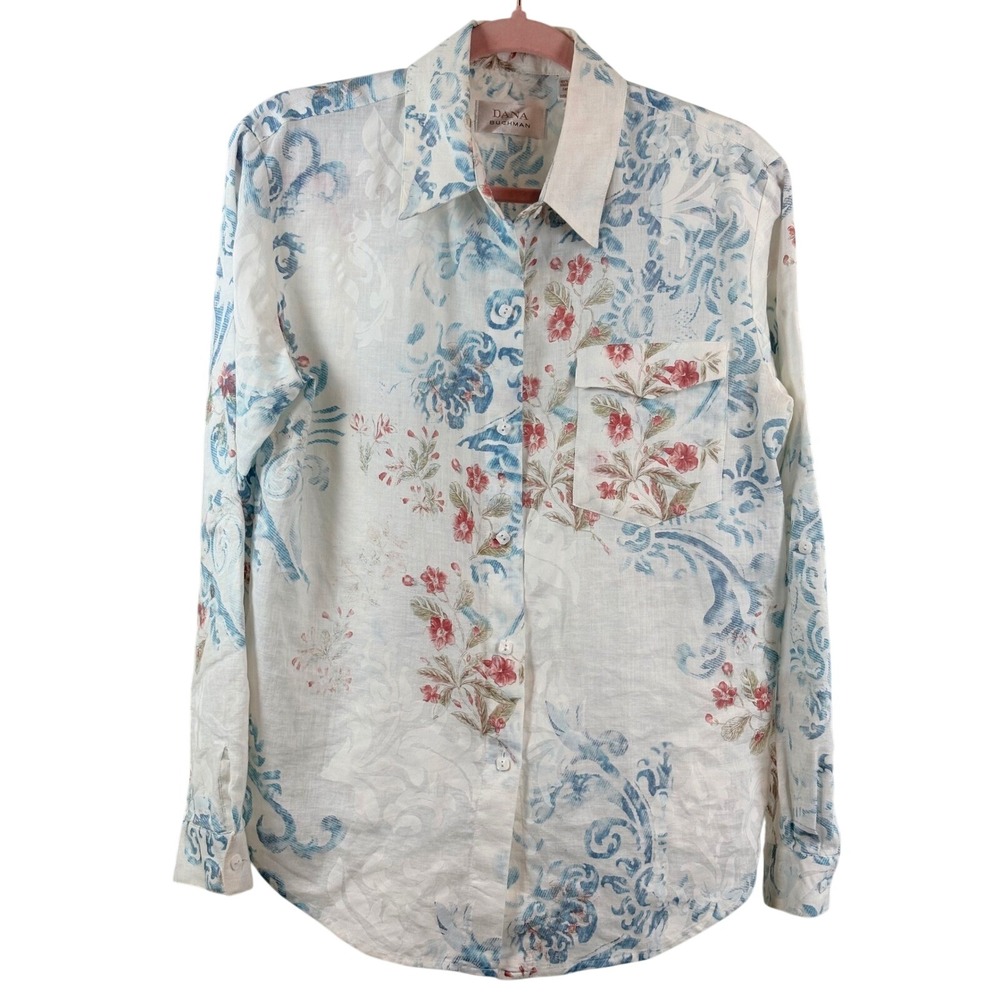 Dana Buchman Floral Lightweight 100% Linen Button Blouse White Blue Red Small 6